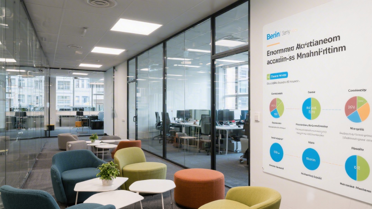 Modern Berlin office space featuring glass walls, collaborative breakout zones, and infographic displays outlining compliance standards for emerging project accounting platform