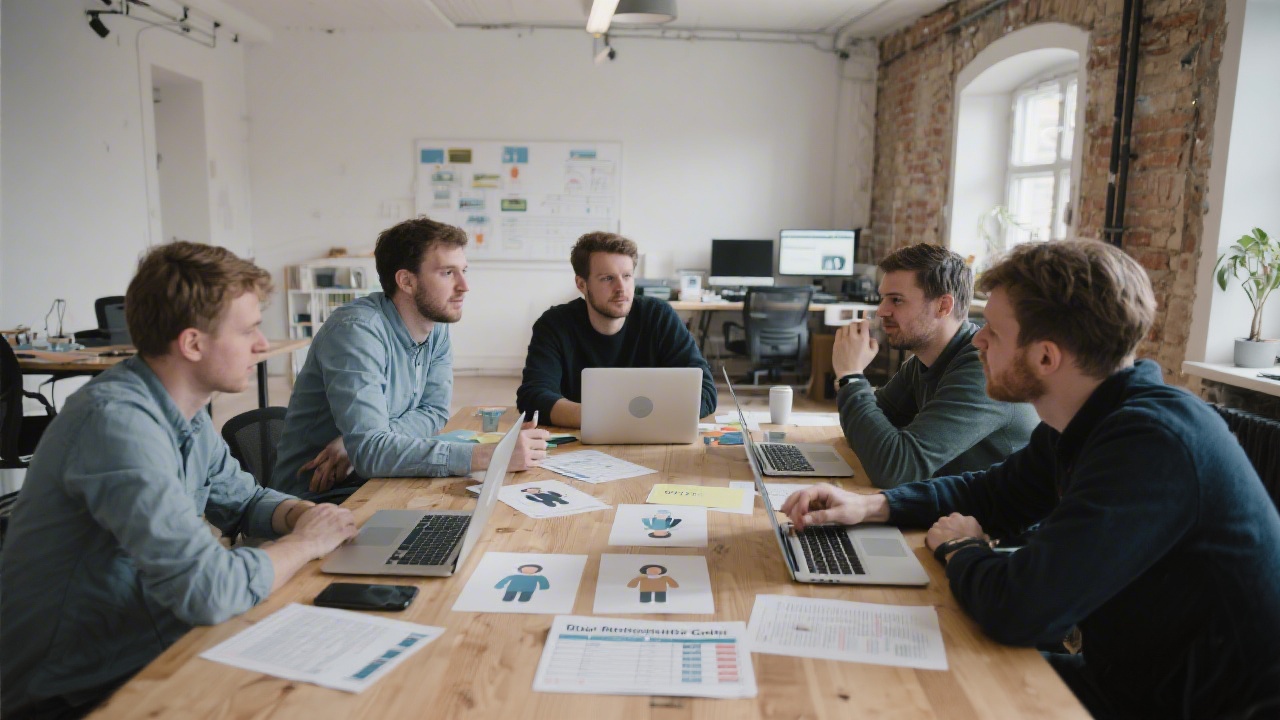 Small startup team of financial technologists brainstorming around table with laptops, printed personas, and regulatory checklists inside Berlin loft office
