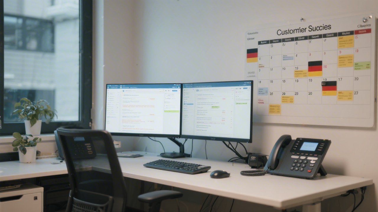 Customer success workspace with dedicated hotline phones, dual monitors displaying support tickets, and calendar board showing response time commitments for German clients