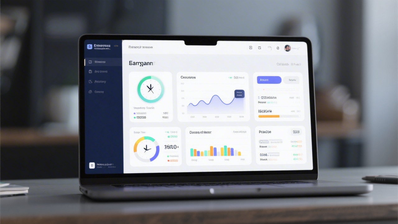 High-resolution dashboard mockup demonstrating time tracking, budget progress bars, and invoice status widgets for an enterprise project accounting interface displayed on a modern laptop screen