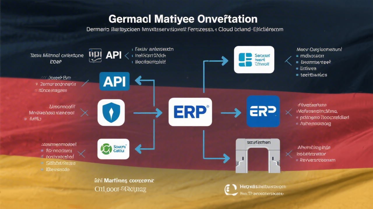 Conceptual diagram presenting API connectors, ERP logos, and secure gateways demonstrating seamless middleware orchestration for German mid-sized enterprises migrating financial processes to cloud-based compliance framework