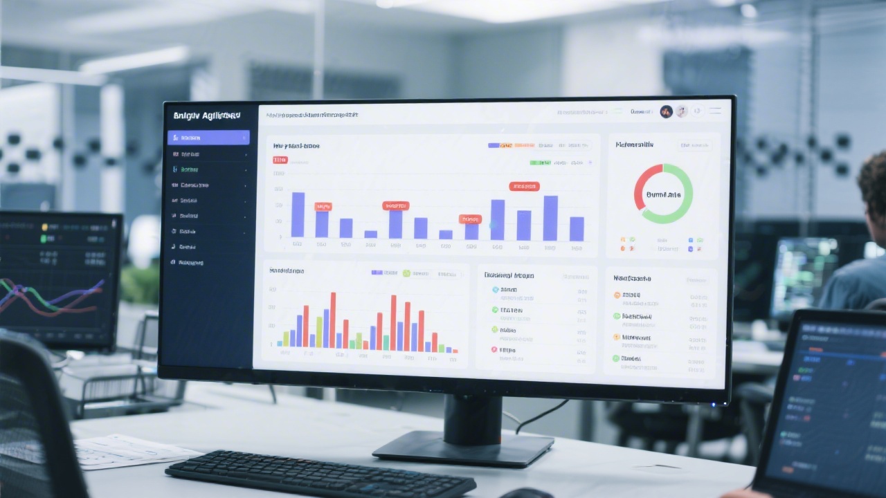 Detailed analytics tile showing burn rate charts, variance columns, and forecast markers for multi-phase engineering program control room displayed on wide monitor inside bright workspace
