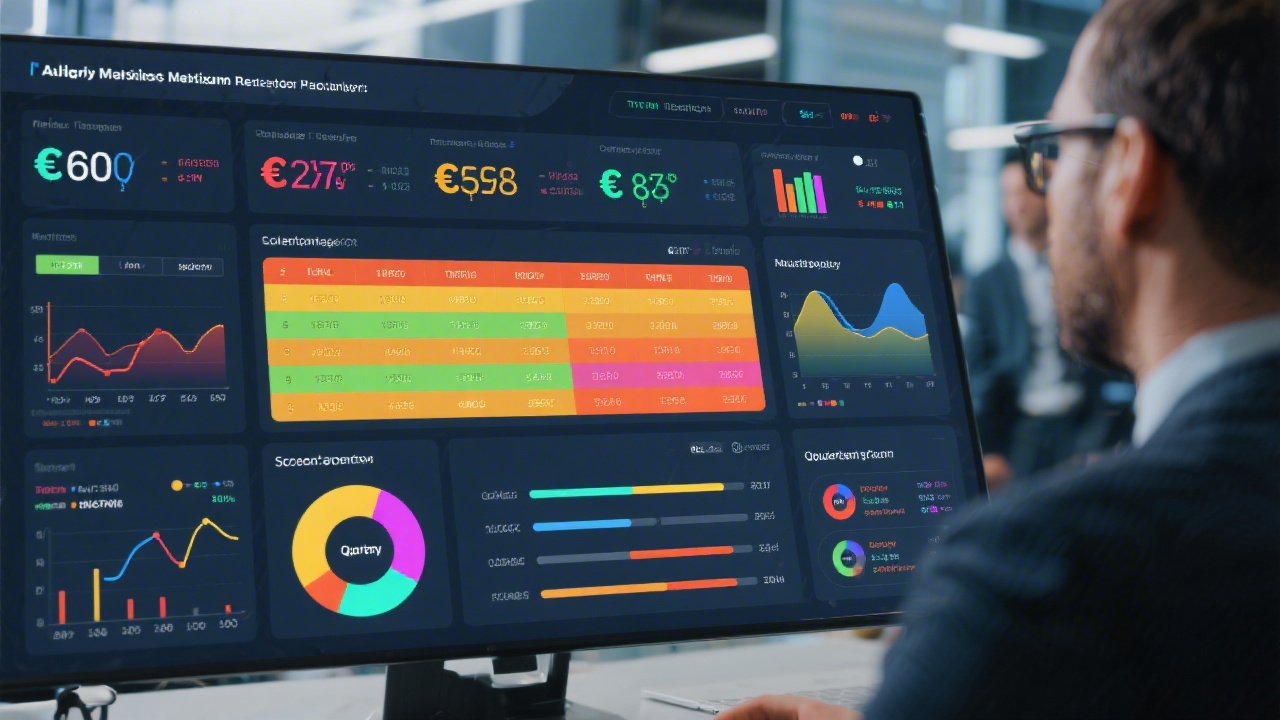 Analytical dashboard view with multi-currency tables, color-coded margin indicators, and scenario sliders for executive leadership evaluating quarter-end project financial results on interactive screen