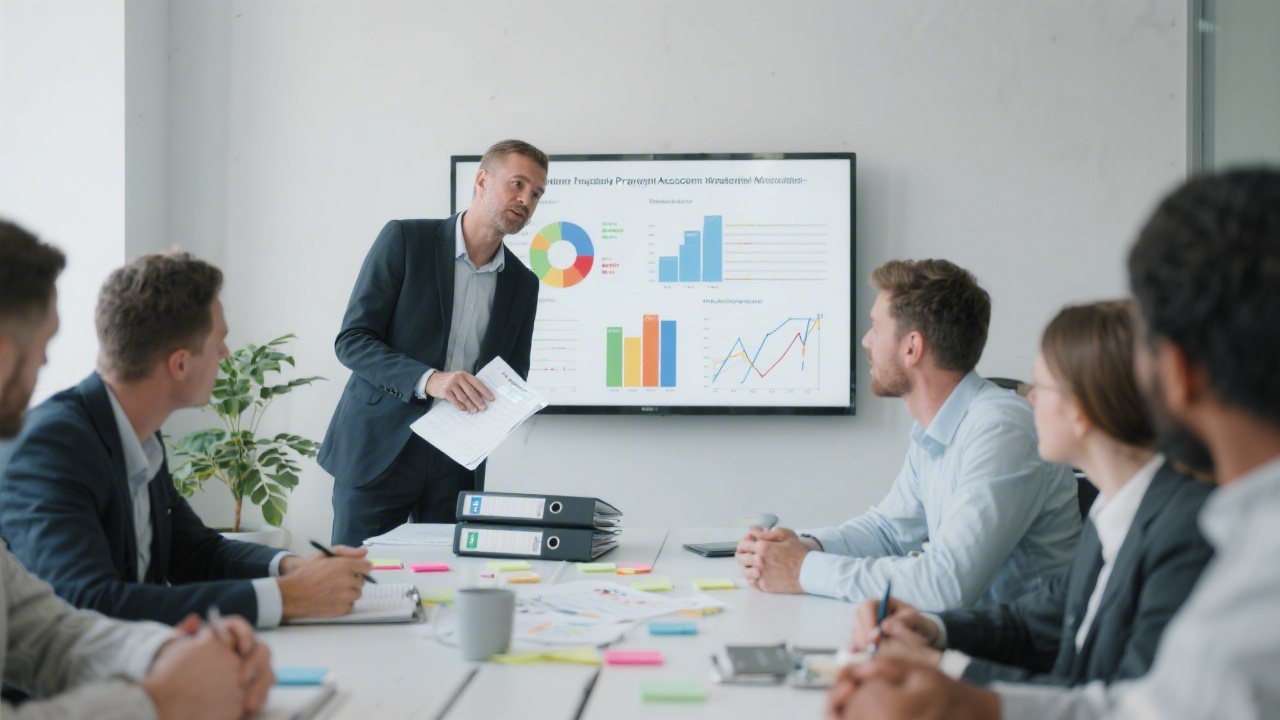 Professional consultant facilitating financial discovery session with charts, binders, and collaborative notes in contemporary meeting room focused on optimizing German project accounting workflows