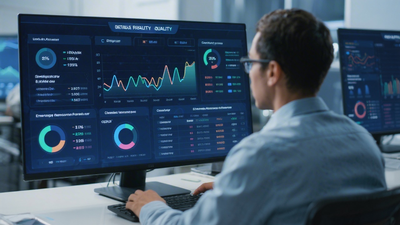 Data analyst reviewing quality dashboards with anomaly trend lines, completeness gauges, and cleansing recommendations for enterprise resource planning project dataset