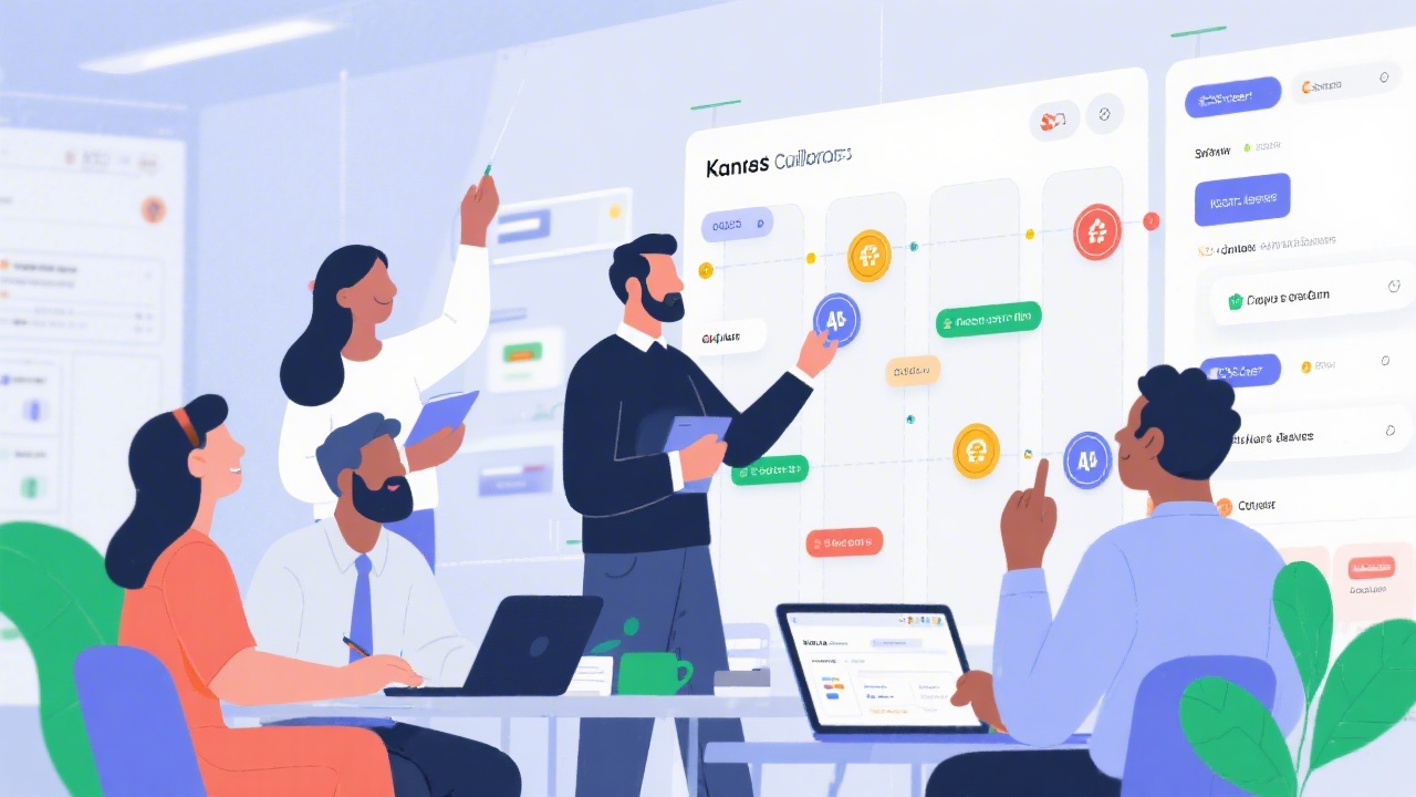 Illustration of cross-functional finance and delivery teams collaborating with kanban boards, approval badges, and cost center tags within unified project operations environment inspired by modern SaaS tooling
